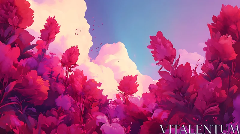 Pink Floral Landscape with Clouds AI Image