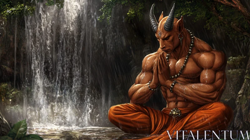 AI ART Horned Figure Meditating Near Waterfall