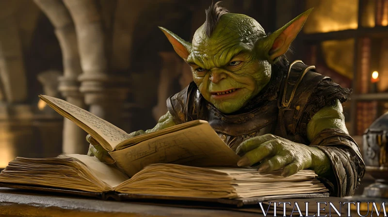 AI ART A Goblin immersed in old book