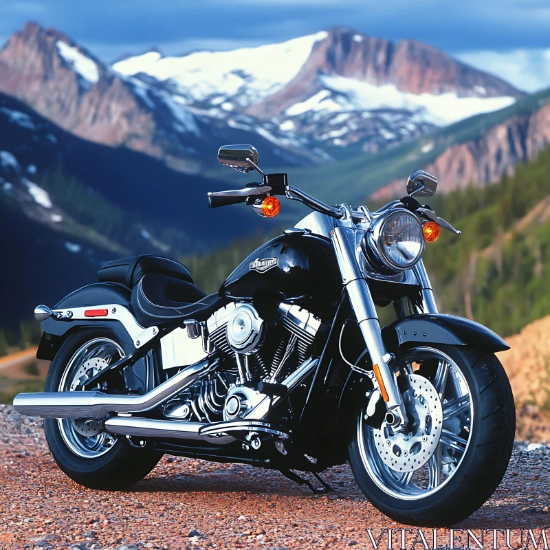 Black Motorcycle with Mountain Backdrop AI Image