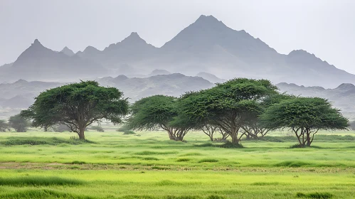 Lush Green Field and Distant Mountains