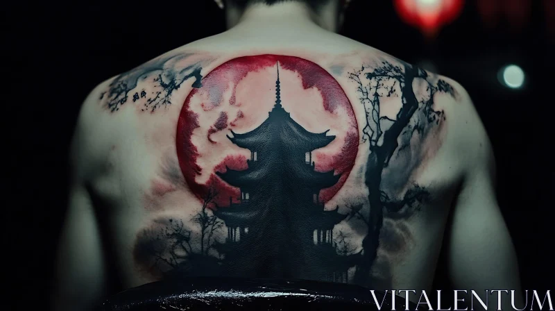 Pagoda Silhouette and Red Moon Tattoo Design AI Image