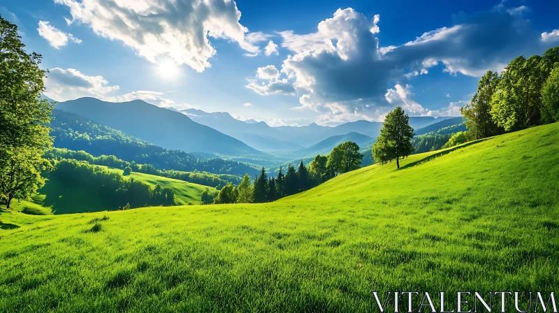 Sunlit Meadow and Distant Peaks AI Image