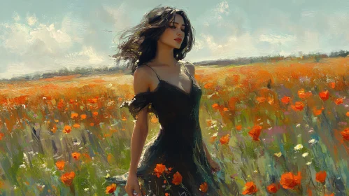 Lady in Black Dress Among Poppies