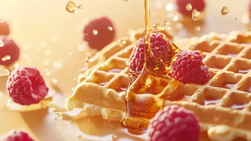 Sweet Waffles with Raspberries and Syrup Drizzle