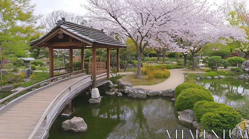 Serene Garden Scene with Wooden Bridge AI Image