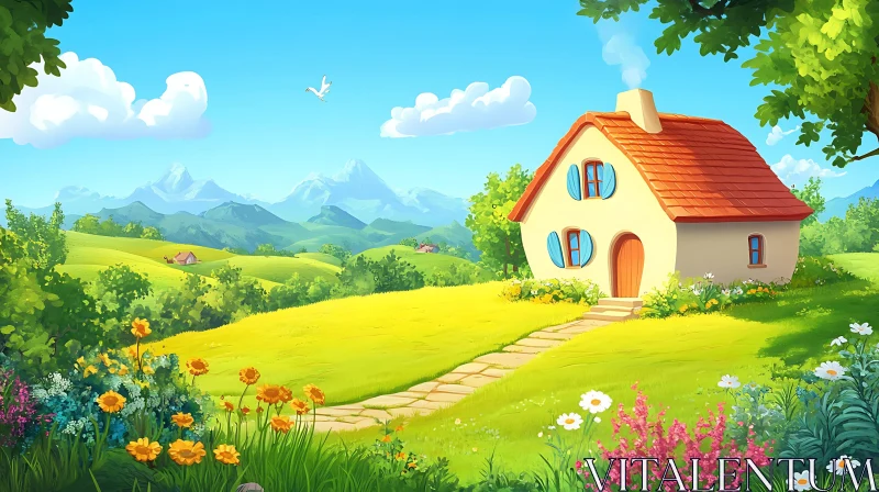 Whimsical Cartoon Home Amidst Blooming Meadows AI Image