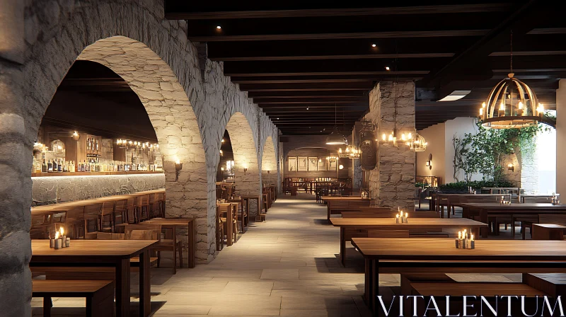 Warm Lit Restaurant with Stone Design AI Image