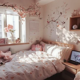 Floral Bedroom Interior with Sunlight