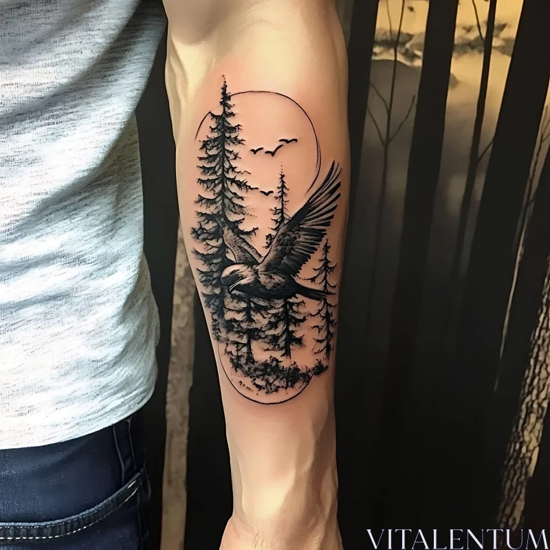 Forearm Tattoo of Eagle in Flight Amidst Forest AI Image