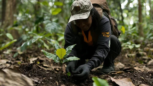 Woman Planting Tree in Forest