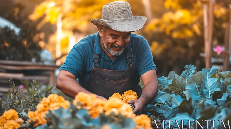 Man Gardening with Flowers AI Image