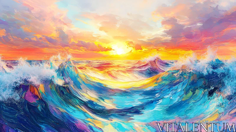 AI ART Colorful Ocean Waves at Sunset