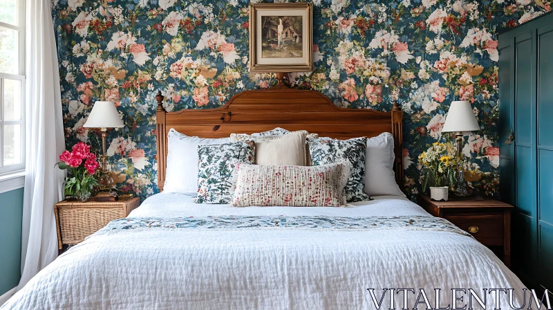 Vintage Bedroom with Floral Wallpaper AI Image