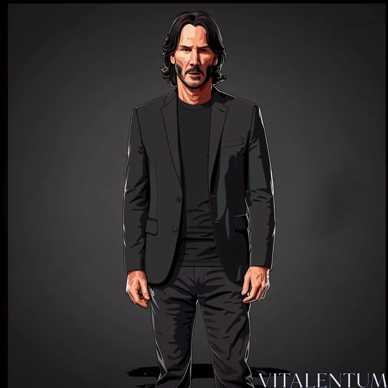 Keanu Reeves Drawing in Black Attire AI Image