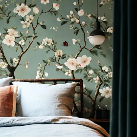 Bedroom with Floral Wallpaper