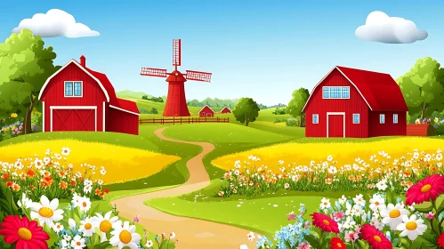 Cartoon Farm with Windmill and Flowers