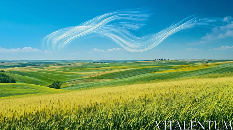 Green Hills and Golden Wheat Field AI Image