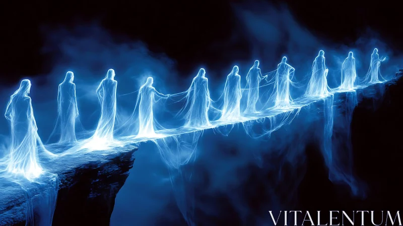 AI ART Spectral Figures Crossing Light Bridge