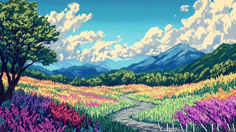 Pixelated Path Through Mountain Meadow AI Image