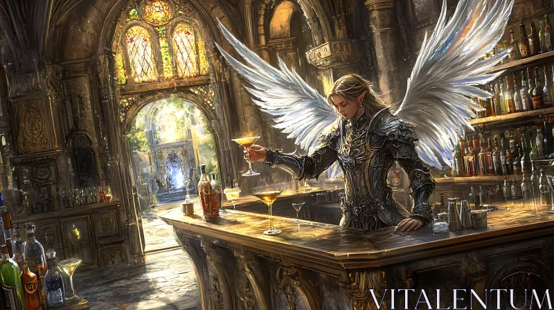 Winged Angel Mixing Drinks at Bar AI Image