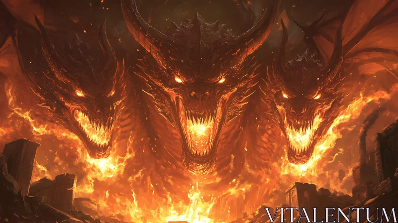 AI ART Fiery Three-Headed Dragon