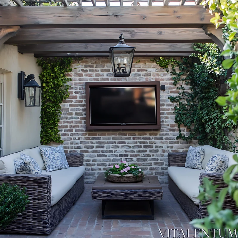 Serene Outdoor Living Space with Brick Wall AI Image