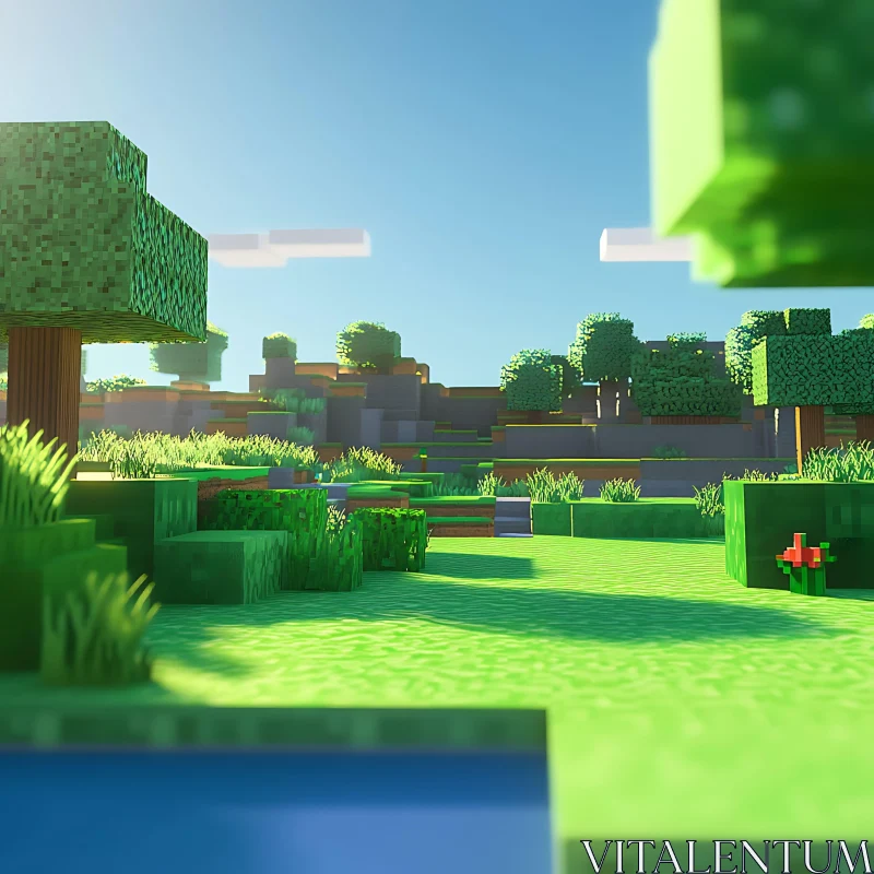 Blocky Green Field Under Blue Sky AI Image