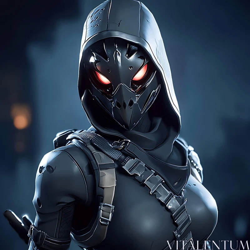 AI ART Hooded Cyborg Warrior with Piercing Red Eyes