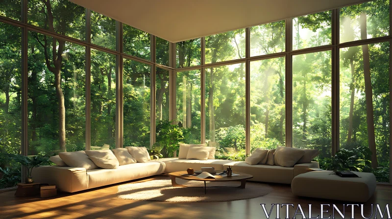 Sunlit Modern Interior with Forest Scenery AI Image