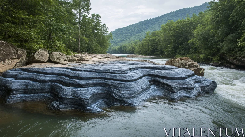 AI ART Tranquil Forest River with Unique Rock Layers