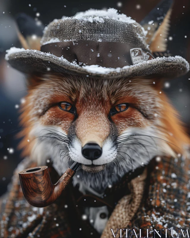 Fox in Winter Hat Smoking Pipe AI Image