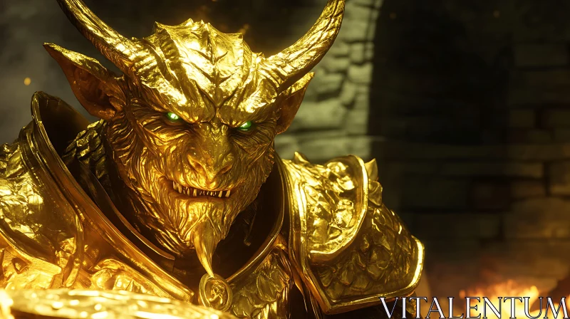 Armored Golden Monster with Green Eyes AI Image