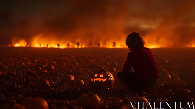 AI ART Child and Pumpkins in Fiery Field