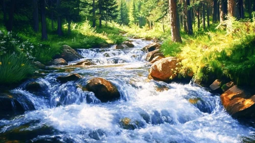 Picturesque River in Sunlit Forest