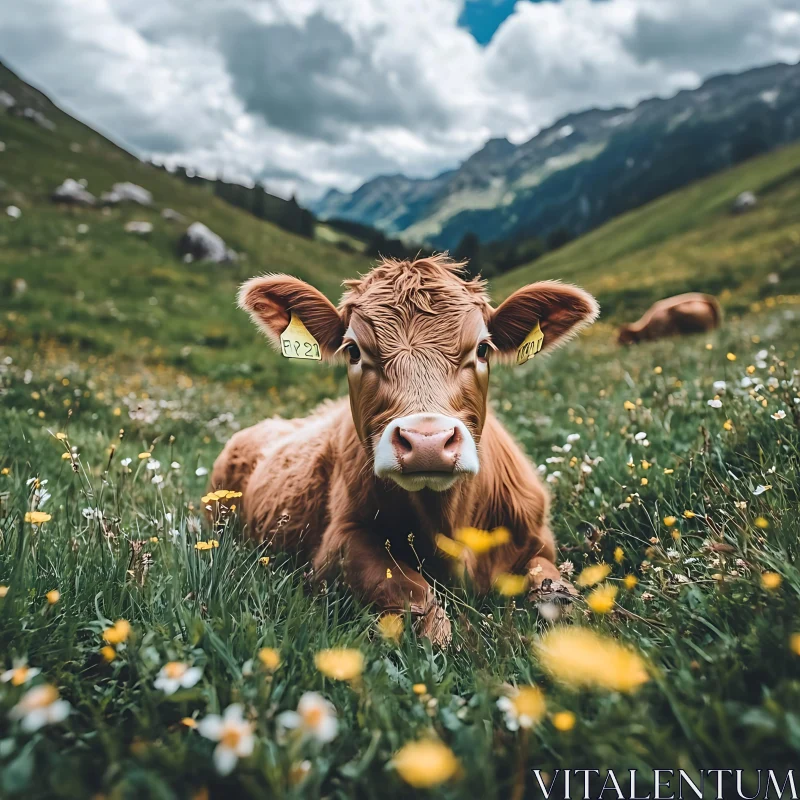 Resting Cow in Alpine Field AI Image