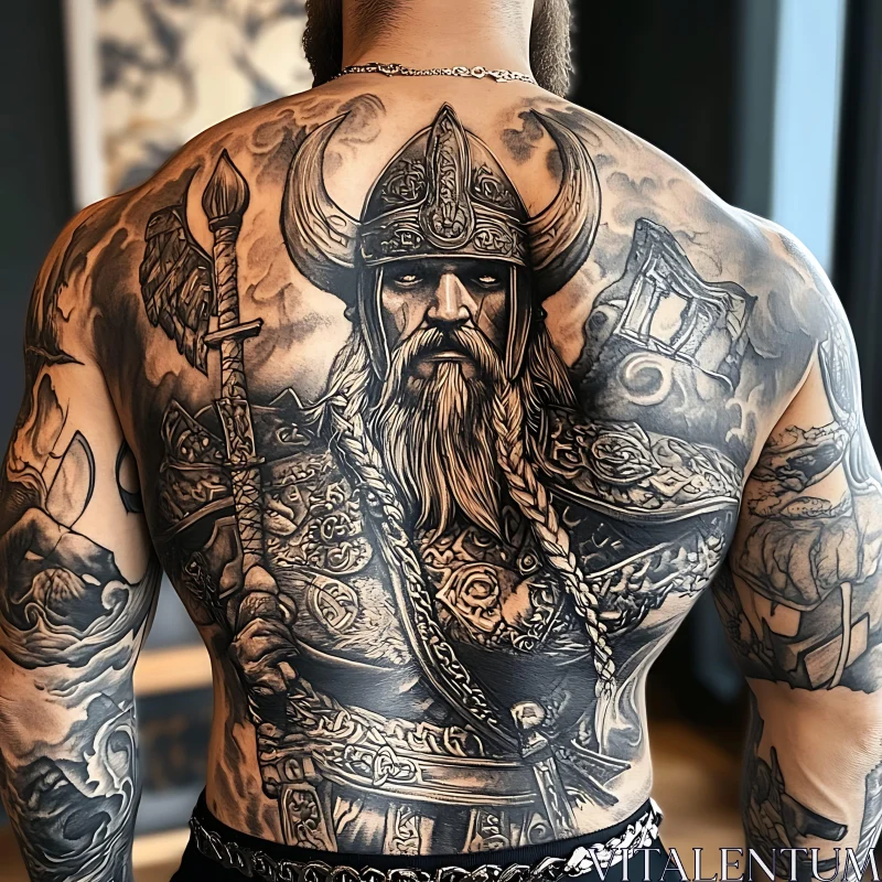 Exquisite Viking Warrior Back Tattoo Art AI Image