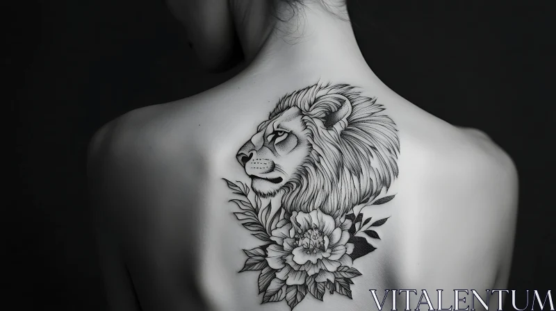 AI ART Black and White Lion and Floral Tattoo