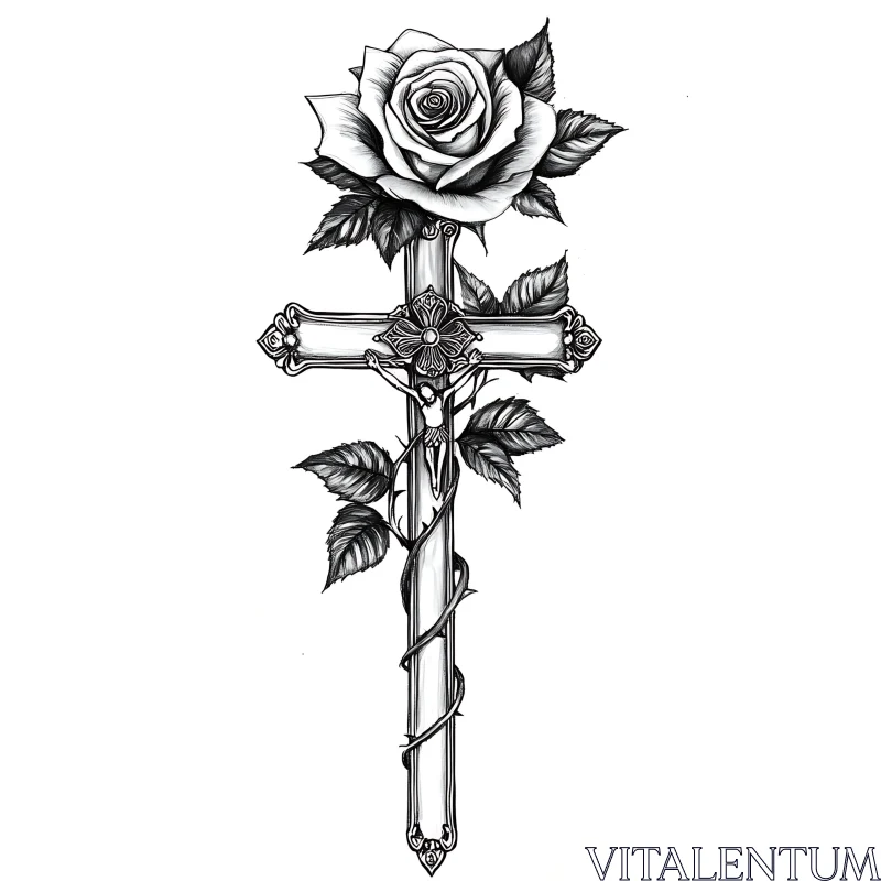 Crucifix and Rose Tattoo Design AI Image