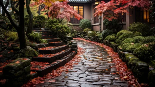 Enchanting Stone Pathway Through Fall Foliage - Japanese-inspired Art