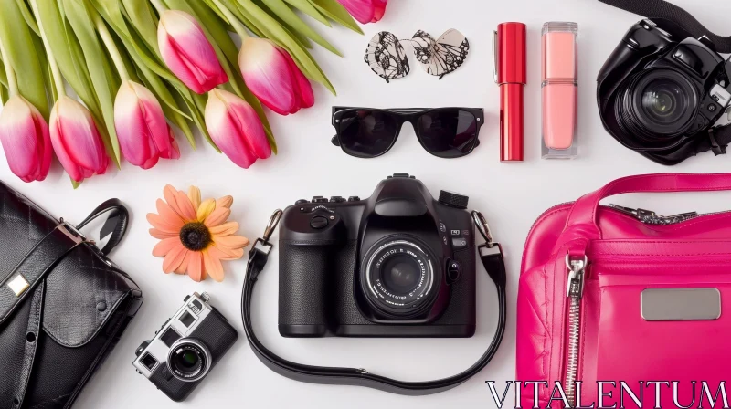 Feminine Flat Lay: Cameras, Bags, Sunglasses, Flower, Tulips AI Image