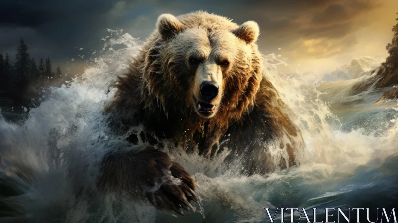 Grizzly Bear Riding Ocean Waves - Matte Painting AI Image