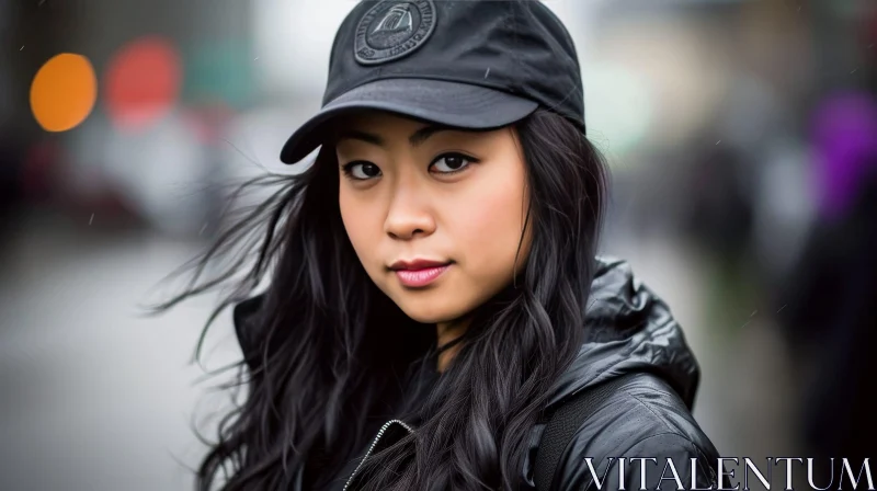 Serious Asian Woman in Black Cap and Jacket | Cityscape Background AI Image