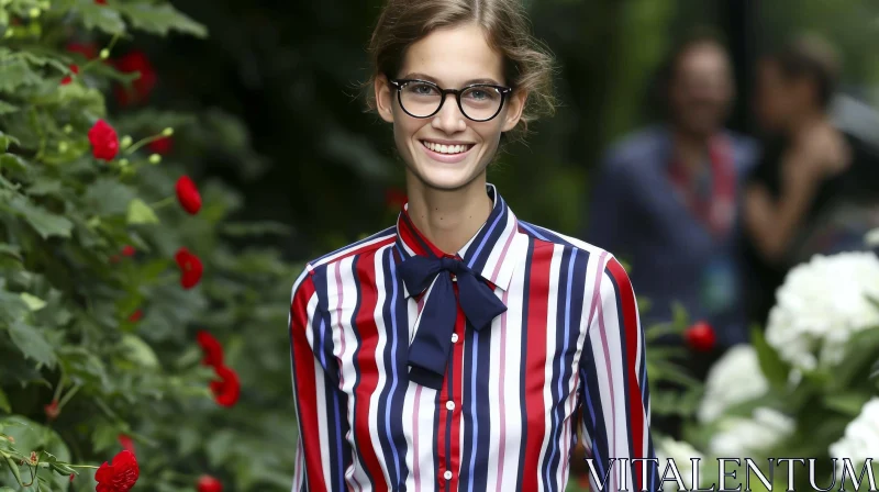 Smiling Woman with Short Brown Hair and Eyeglasses in Striped Shirt AI Image