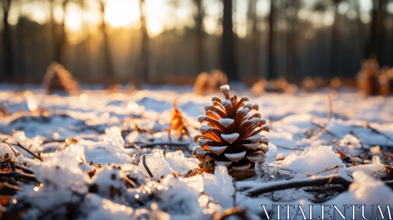 Snow-Covered Pine Cone in Sunset Forest AI Image