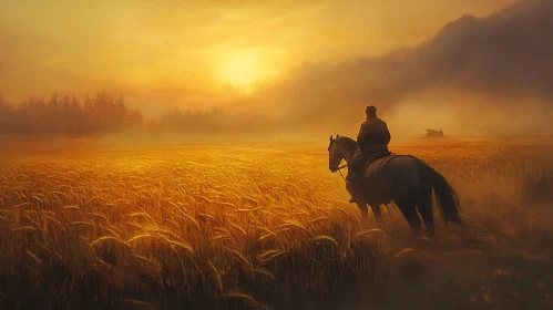 Rider in Golden Field at Sunset