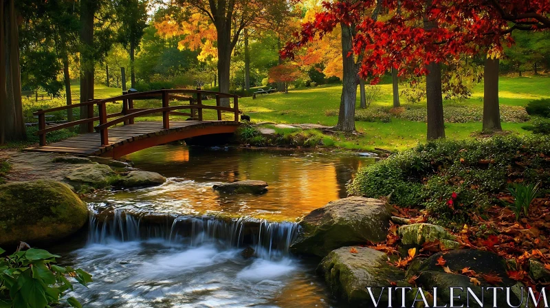 Wooden Bridge in Autumn Forest Landscape AI Image