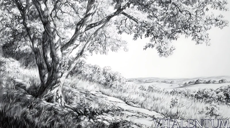 Black and White Landscape Drawing AI Image