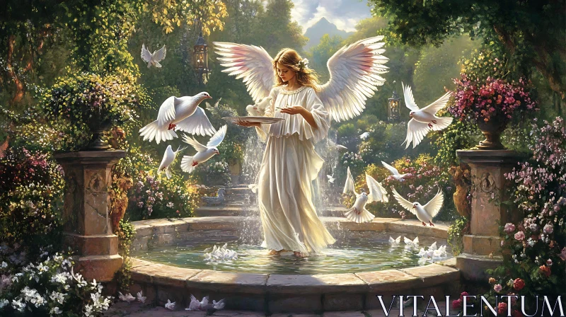 Serene Angel with Doves in Fountain AI Image