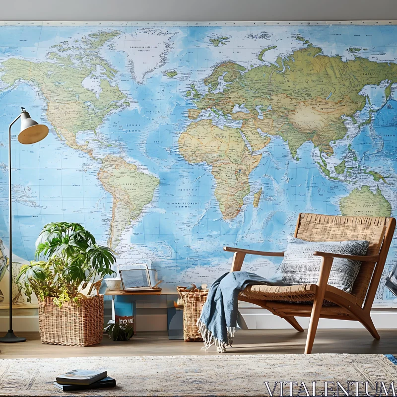 Cozy Room with a World Map AI Image